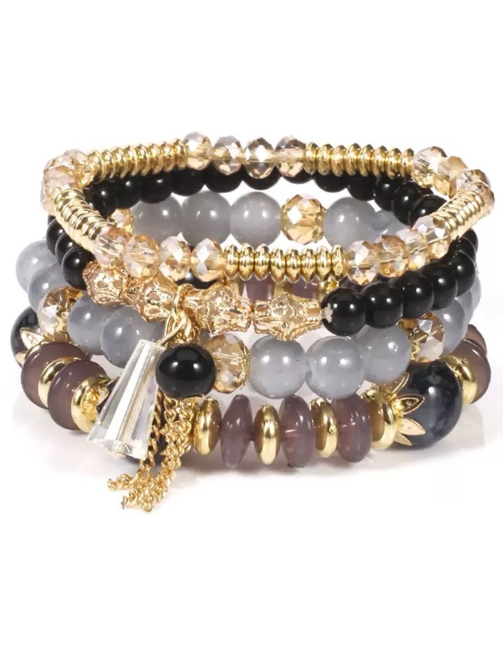 Gold, Black and Gray Beaded Charm Bracelet Stack